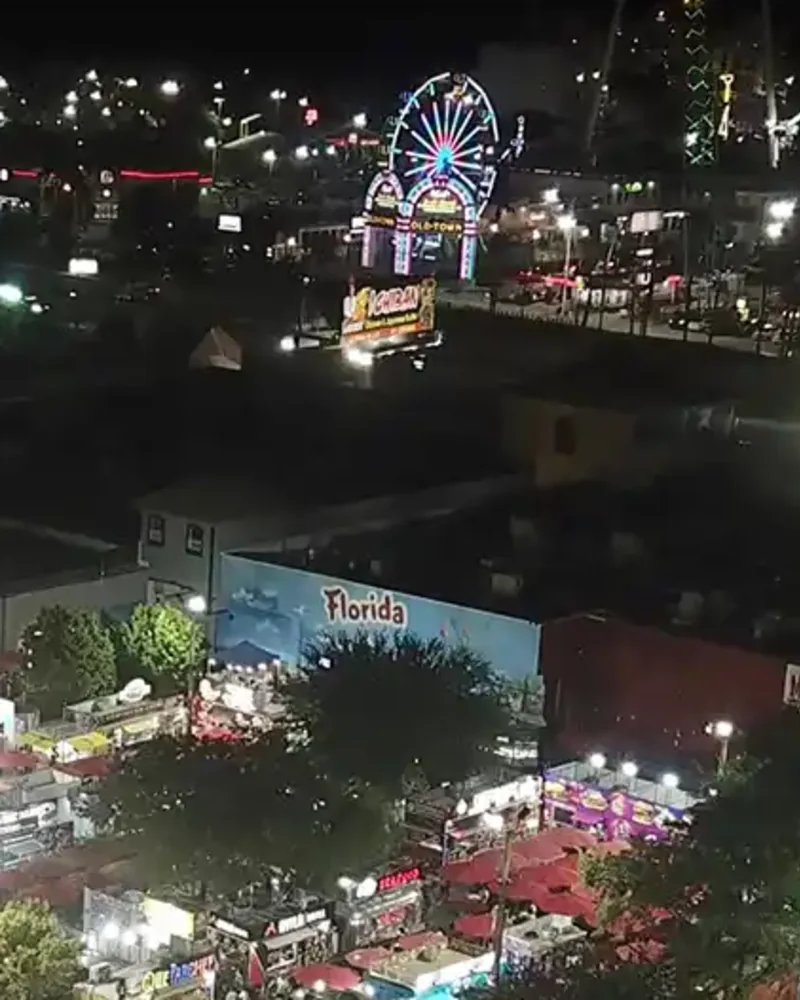The lit midway at night, the big wheel turning behind the stalls.
