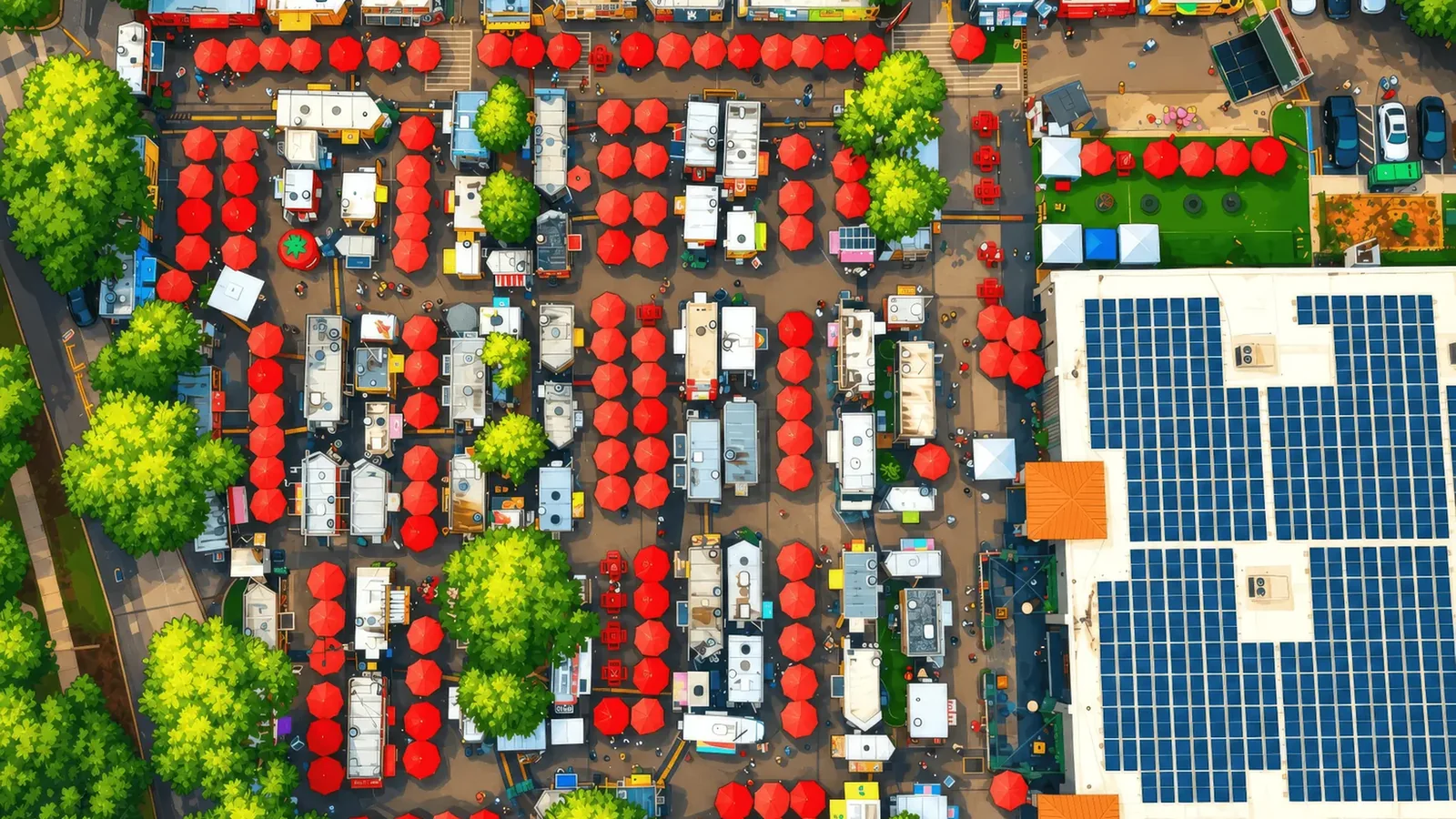 The World Food Trucks park from overhead: rows of red umbrellas and food trucks, with the market building along the right.