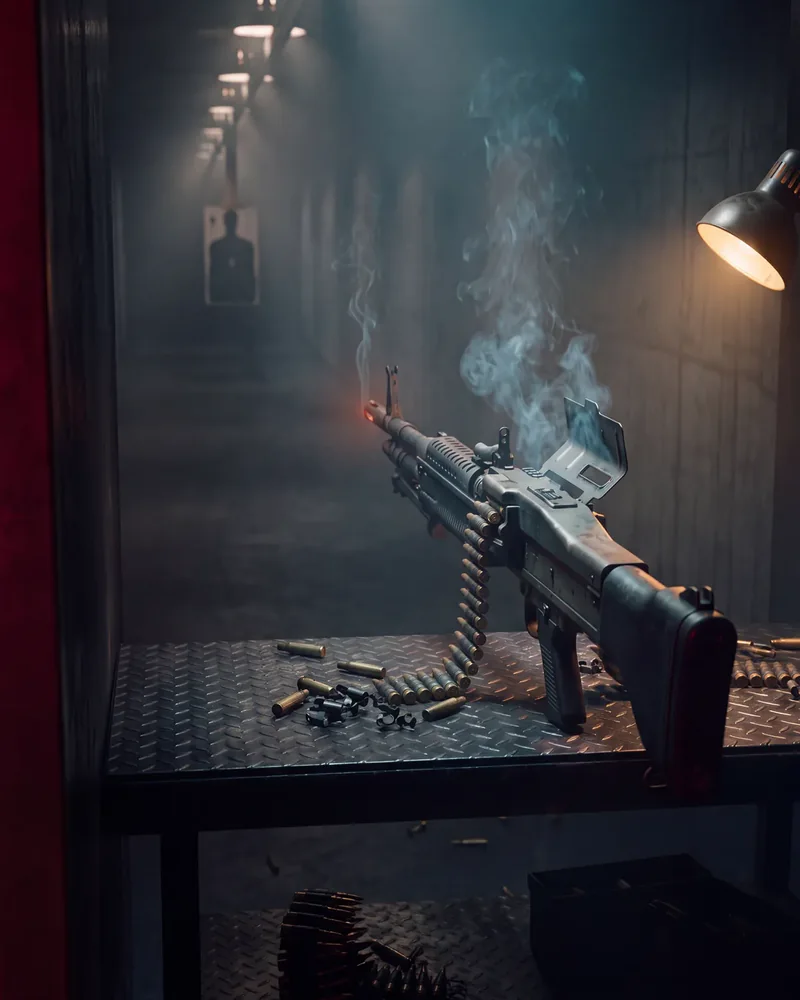 Inside Machine Gun America: a belt-fed machine gun on the bench in a shooting lane.
